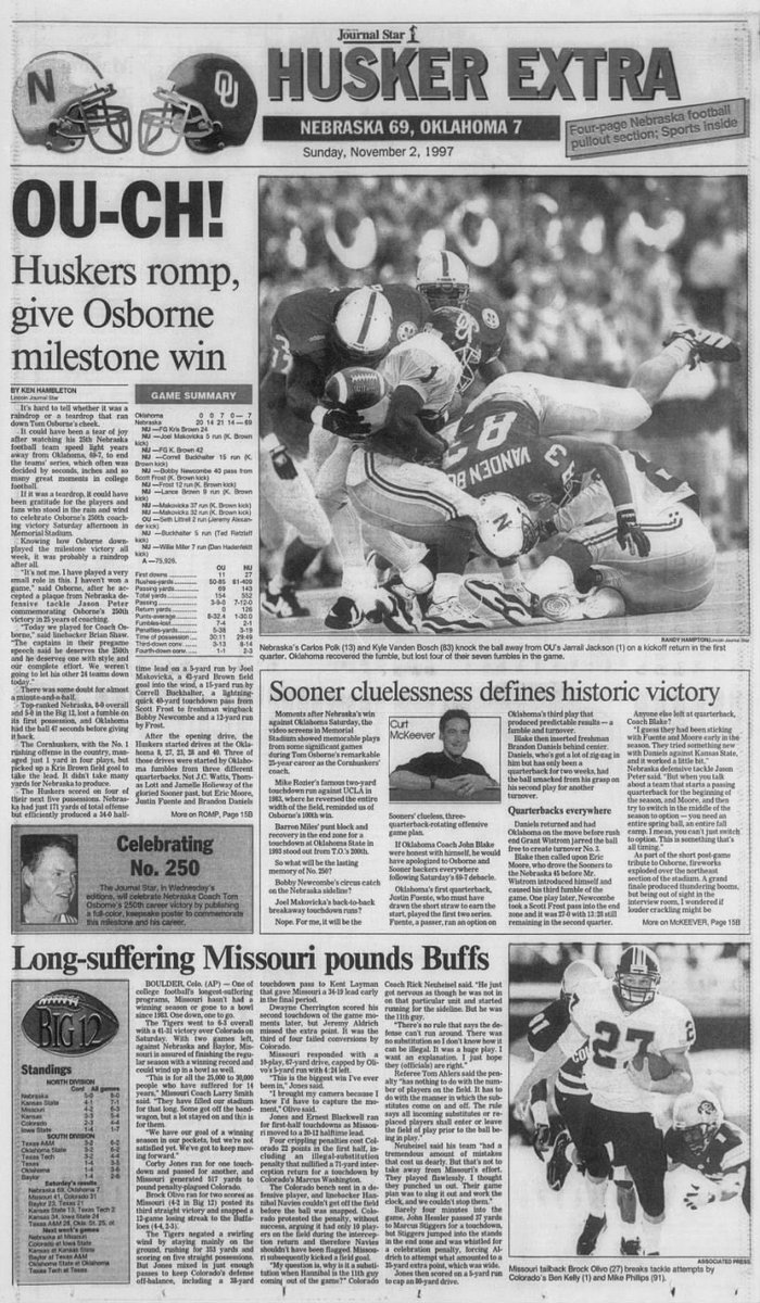 chilcoach44's tweet photo. November 1, 1997 was the low point. 69-7 loss to Nebraska. Never thought I’d be that embarrassed by OU again. https://t.co/Xf79LCunAP