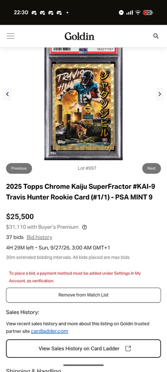 LukeOwe36462589's tweet photo. Just over 4 hours to go!
@GoldinCo @backyardbreaks_ @Jaguars
#TravisHunter #Superfractor #1of1 #ToppsChrome #Kaiju #PSA9 #GoldinAuctions #SportsCards #CardCollector #WhoDat #Colorado #NFLDraft #HobbyTwitter #Breakers #CardShow https://t.co/uMmKTAvQ6c