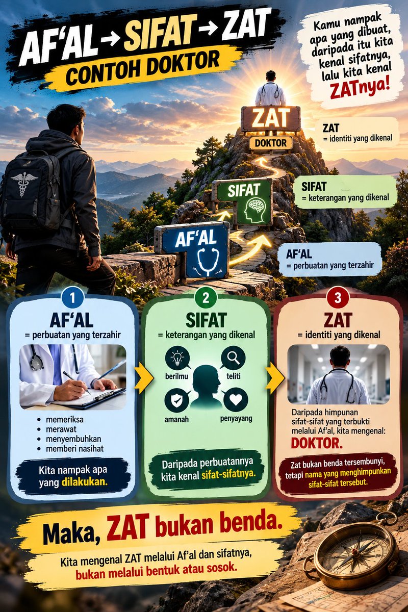 Fatan_1727's tweet photo. AF‘AL → SIFAT → ZAT

Contoh doktor:
Apa yang dilakukan → AF‘AL
Apa yang dikenal daripadanya → SIFAT
Himpunan sifat itu → ZAT
Kita mengenal ZAT melalui Af‘al dan sifatnya, bukan melalui bentuk atau sosok.

ZAT bukan benda.

#islam #haq https://t.co/l9nSNokjxy