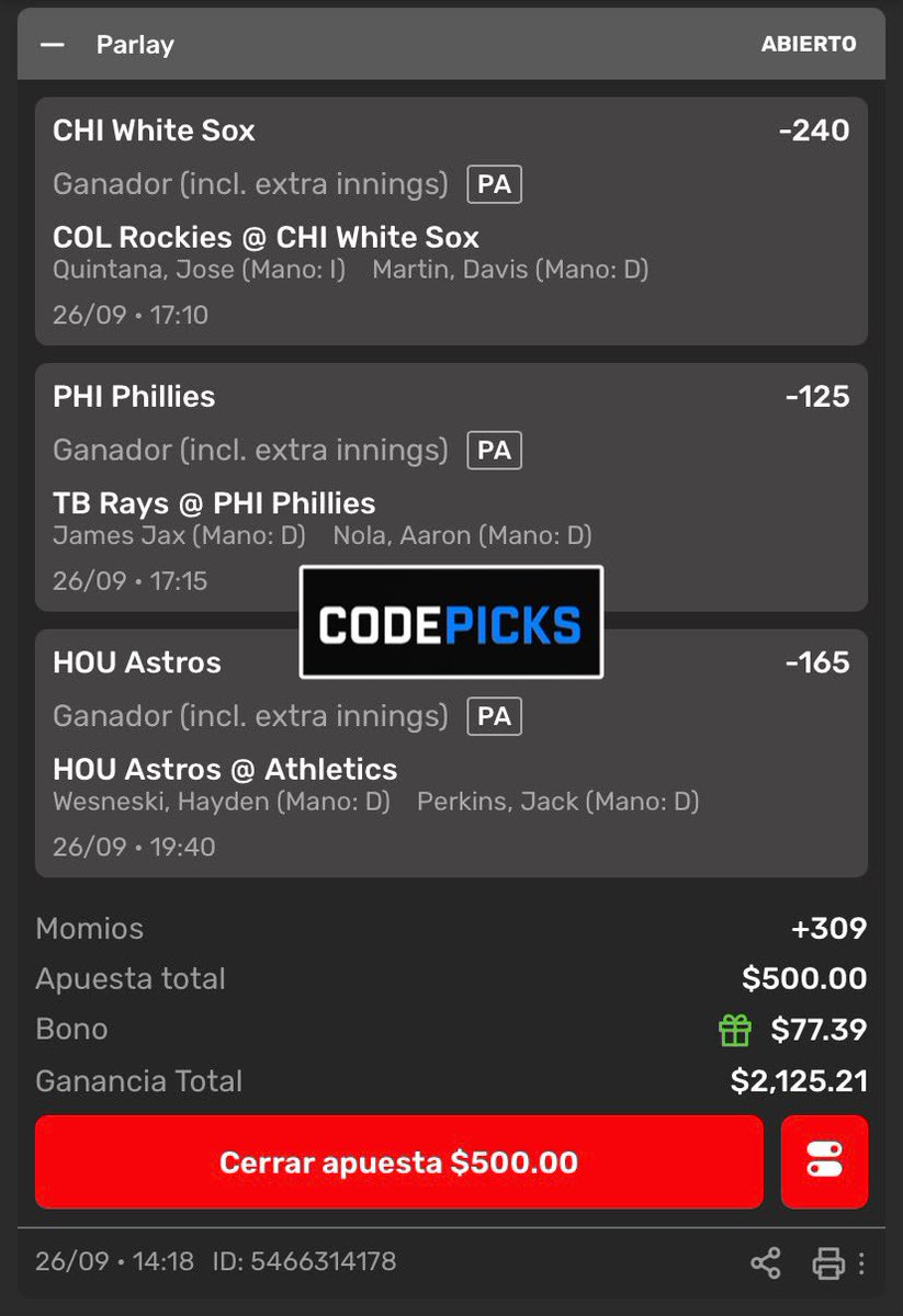 CodePicksMx's tweet photo. 🎟️ Parley Triple! 🎟️
⚾️ White Sox ML
⚾️ Phillies ML
⚾️ Astros ML
¿VERDE 🟢 O ROJA 🔴?
#MLB #CodePicks #Baseball https://t.co/nfwzDHPMDs