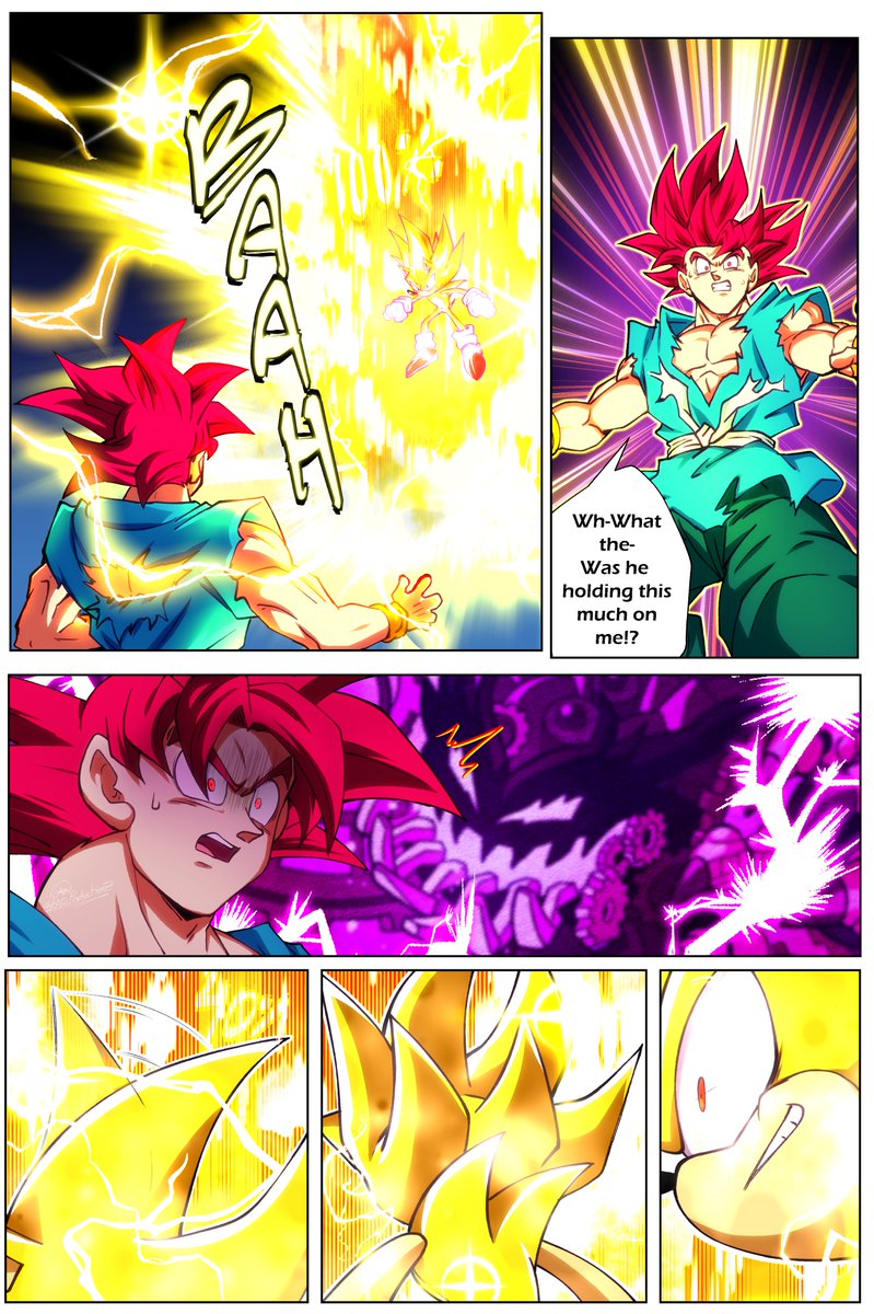 KAD_ProductionZ's tweet photo. A little extra context for the old fans here!

Remember the "percentage" meter I drew years ago, but then removed because Sonic fans were being bitchy about giving an unlimited form a "limited percentage"? 

Well, it's back, and recontextualized to be Goku's POV of what HE assumes is Sonic's level. I added the seasonings to make it fit within the context of what I did before; everything else will be revealed in the second half of Chapter 3's finale 👀