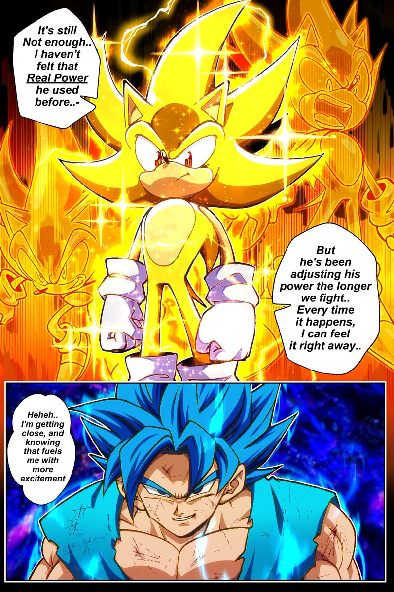 KAD_ProductionZ's tweet photo. A little extra context for the old fans here!

Remember the "percentage" meter I drew years ago, but then removed because Sonic fans were being bitchy about giving an unlimited form a "limited percentage"? 

Well, it's back, and recontextualized to be Goku's POV of what HE assumes is Sonic's level. I added the seasonings to make it fit within the context of what I did before; everything else will be revealed in the second half of Chapter 3's finale 👀
