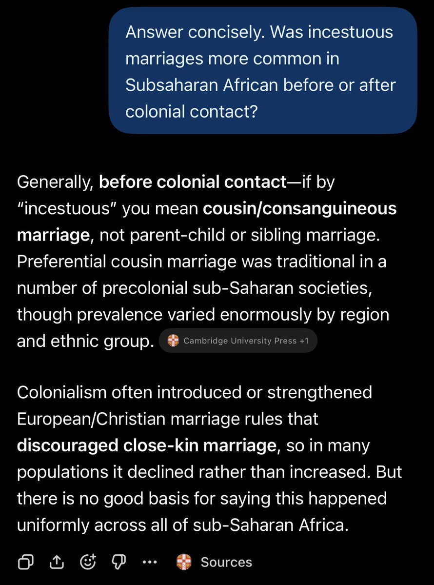 Dignified_Reve's tweet photo. @StarrScissorhan @AmericanMama @EndWokeness Funny to see a subsaharan talking about incest.

We’re the ones who taught you the word “incest”, your ancestors didn’t even have a word for it as cousin marriages were completely normalized in pre-colonial subsaharan africa. https://t.co/f1WUBwC5aP