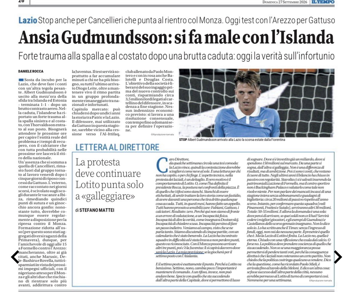 natainfastidita's tweet photo. Gudmundsson ko, Cancellieri ancora fermo.

E intanto Mattei scrive la cosa più semplice: #Lotito non costruisce, galleggia.

Noi aspettiamo che affondi solo la sua era.

#Lazio @tempoweb https://t.co/PDptv7JSTF