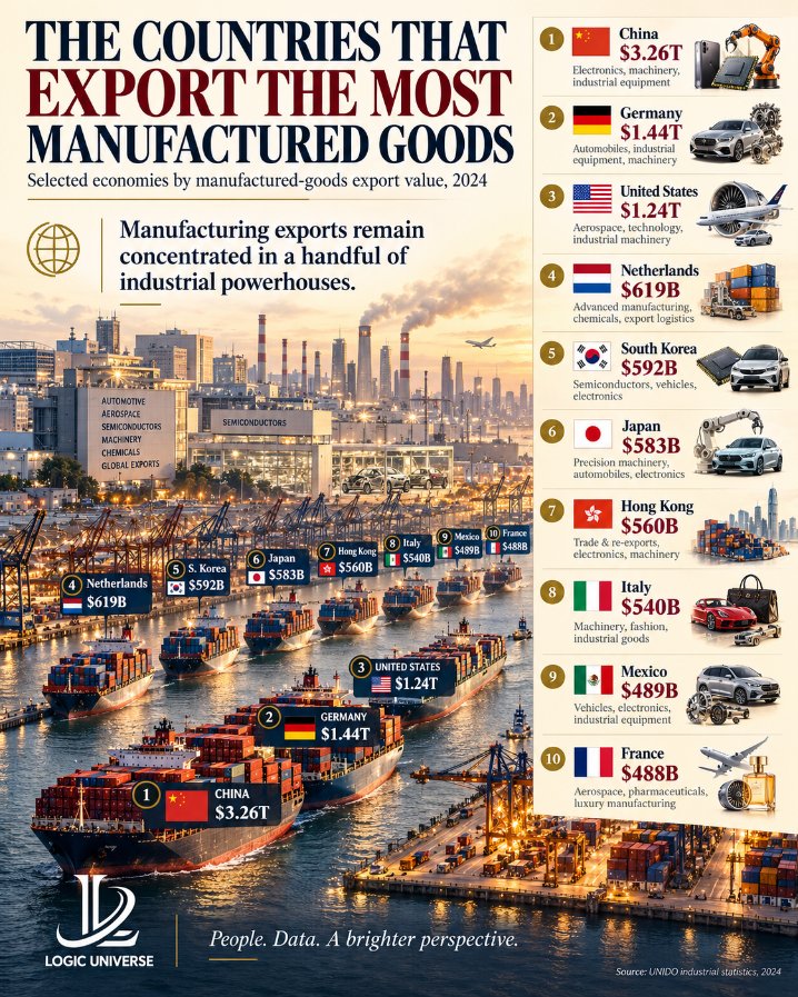 LogicUniv's tweet photo. Countries That Export the Most Manufactured 

🇨🇳 China — $3.26 trillion
🇩🇪 Germany — $1.44 trillion
🇺🇸 United States — $1.24 trillion
🇳🇱 Netherlands — $619 billion
🇰🇷 South Korea — $592 billion
🇮🇹 Italy — $540 billion
🇯🇵 Japan — $583 billion
🇫🇷 France — $488 billion
🇭🇰 Hong Kong — $560 billion
🇲🇽 Mexico — $489 billion