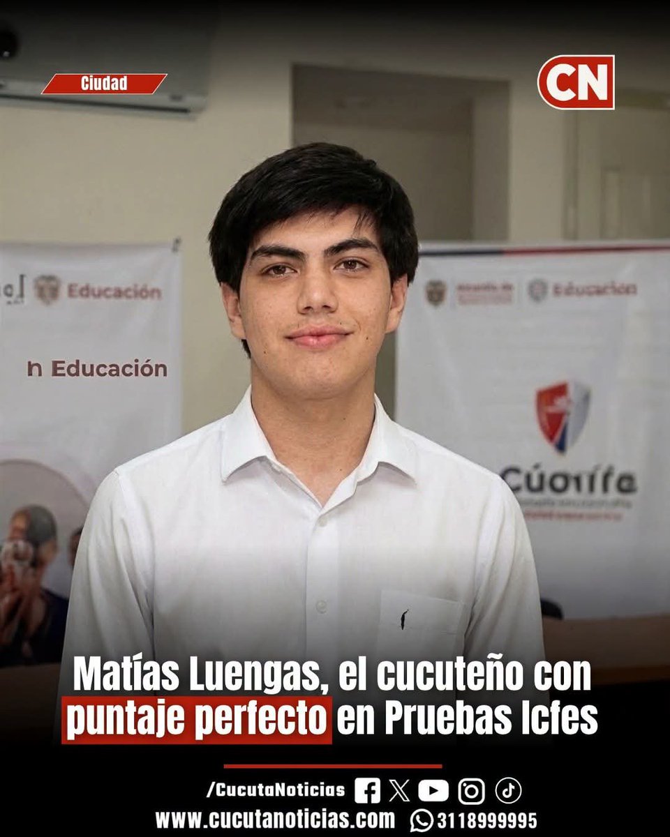 CucutaNoticias's tweet photo. #AtenciónCN ⚫🔴 La ciudad de Cúcuta celebra una hazaña académica histórica tras conocerse que Matías Luengas Vergel, de 16 años, obtuvo el puntaje perfecto de 500 sobre 500 en las pruebas Saber 11 del Icfes. El estudiante pertenece al Colegio Santo Ángel de la Guarda.

Matías cursó toda su formación escolar en la emblemática institución cucuteña, a la cual ingresó desde el grado jardín. Desde sus primeros años de infancia demostró una marcada afinidad por la búsqueda del conocimiento, la constante disciplina y los retos.

Este logro inédito no llegó por casualidad, sino como fruto de una trayectoria brillante. En 2025 consiguió el primer lugar en las Olimpiadas de Ciencias de la UDES y en 2026 alcanzó el puesto de honor en las XVIII Olimpiadas Matemáticas de la Universidad Industrial de Santander (UIS)

A nivel nacional, cerca de 500.000 estudiantes presentan cada año las pruebas Saber 11 en Colombia. Alcanzar el resultado perfecto de 500 puntos constituye una distinción extraordinaria que ubica a Norte de Santander en la cima de la excelencia académica del país.

Quienes conviven con Matías resaltan que su genialidad va acompañada de un carácter alegre, humilde y solidario. Siempre dispuesto a compartir su tiempo, el joven cucuteño acostumbra a explicar conceptos complejos a sus compañeros cuando afrontan dudas académicas.

Detrás de los 500 puntos coinciden años de apoyo familiar incondicional y la dedicación docente del Colegio Santo Ángel de la Guarda. La emblemática comunidad educativa celebra así sus 70 años de historia con un hito inolvidable para la educación regional.

Este triunfo llena de inmenso orgullo a Norte de Santander, demostrando que en el territorio fronterizo existe un talento juvenil capaz de destacar en escenarios de nivel nacional. El ejemplo de Matías inspira a miles de alumnos a luchar por la excelencia.

Con 16 años, el joven cucuteño se prepara para asumir la etapa universitaria y decidir su futuro profesional en el campo de las ciencias. Mientras emprende nuevos retos, su puntaje perfecto de 500/500 queda grabado como un gran hito para toda la región.