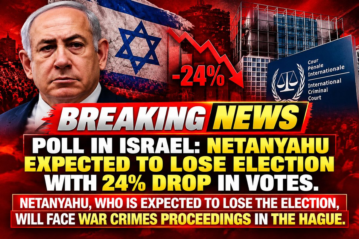 FuriousTrusted's tweet photo. 🚨 BREAKING NEWS : According to a poll conducted in Israel, Netanyahu is expected to lose the election, with a 24% drop in votes.
Netanyahu, who is expected to lose the election, will face war crimes proceedings in The Hague. https://t.co/gEzhcommbg