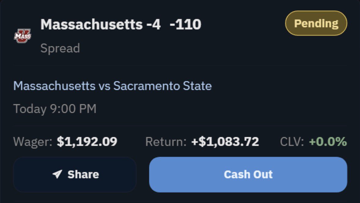 OutofLineBets's tweet photo. 🪜 Day 6 $50 → $10,000 Challenge 🪜

Massachusetts -4 -110

$1,192.09 ➡️ $2,275.81

❤️‍🔥 = CLIMBING https://t.co/sXH9jp2Z7z