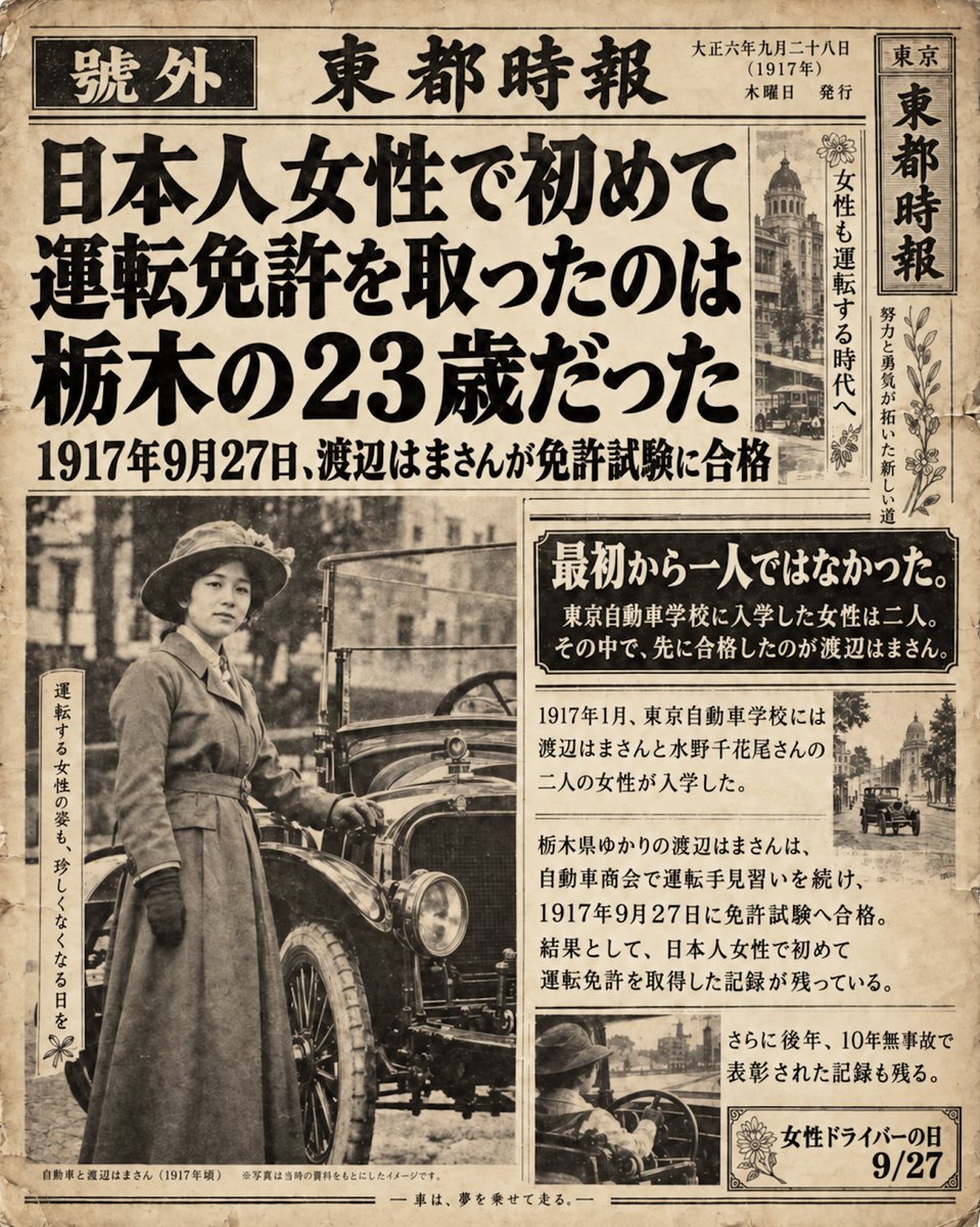 ukiukitochigi's tweet photo. 今でこそ女性が運転するのは当たり前

でも109年前の今日
その一歩を踏み出したのは
栃木ゆかりの23歳でした https://t.co/LU5DMe6bVk