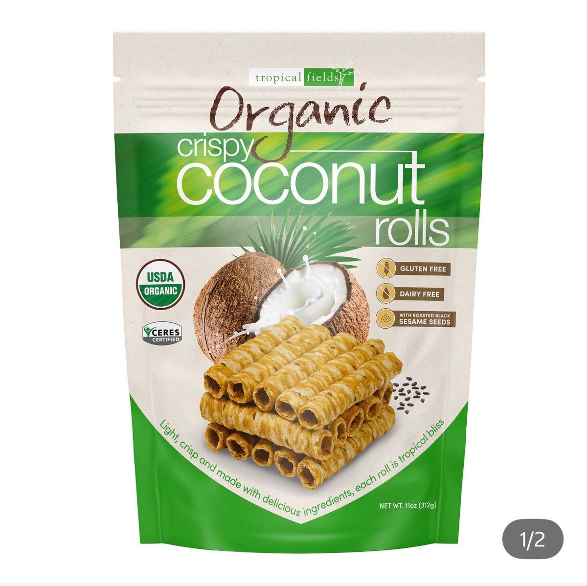 rikannacotta's tweet photo. 最近夫婦でハマってるCostcoのお菓子🥥
サクサクでココナッツの優しい甘さと黒胡麻のアクセントがやみつきになるからパクパク食べちゃう！ヘルシー系そうだし中も空洞なのでカロリーゼロです(違う) https://t.co/gVwy53TyJV