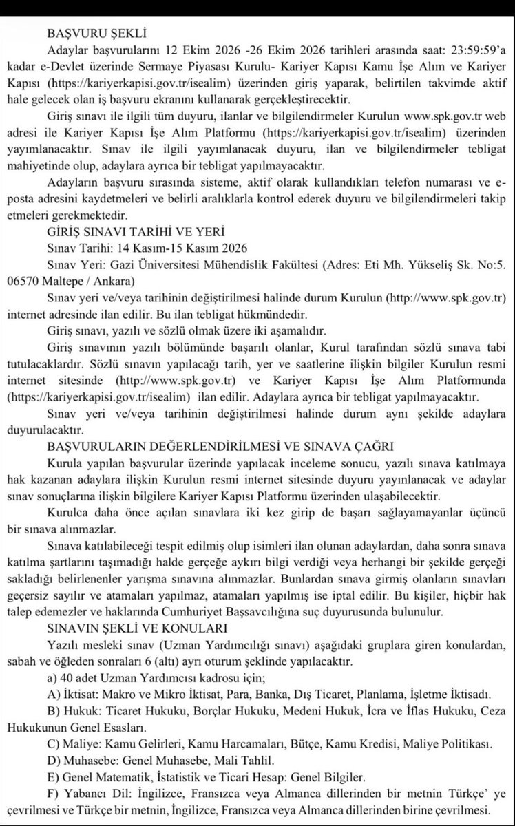VergiBeyi's tweet photo. SPK, çok sayıda bölümden 40 uzman yardımcısı almak için ilana çıktı. 

Başvurular 12-26 Ekim tarihlerinde alınacak. #SPK #KPSSA #İİBF #SiyasalBilgiler #Hukuk #İktisat #Maliye #Uluslararası #İlişkiler #KamuYönetimi https://t.co/gPxlBs1Z1l
