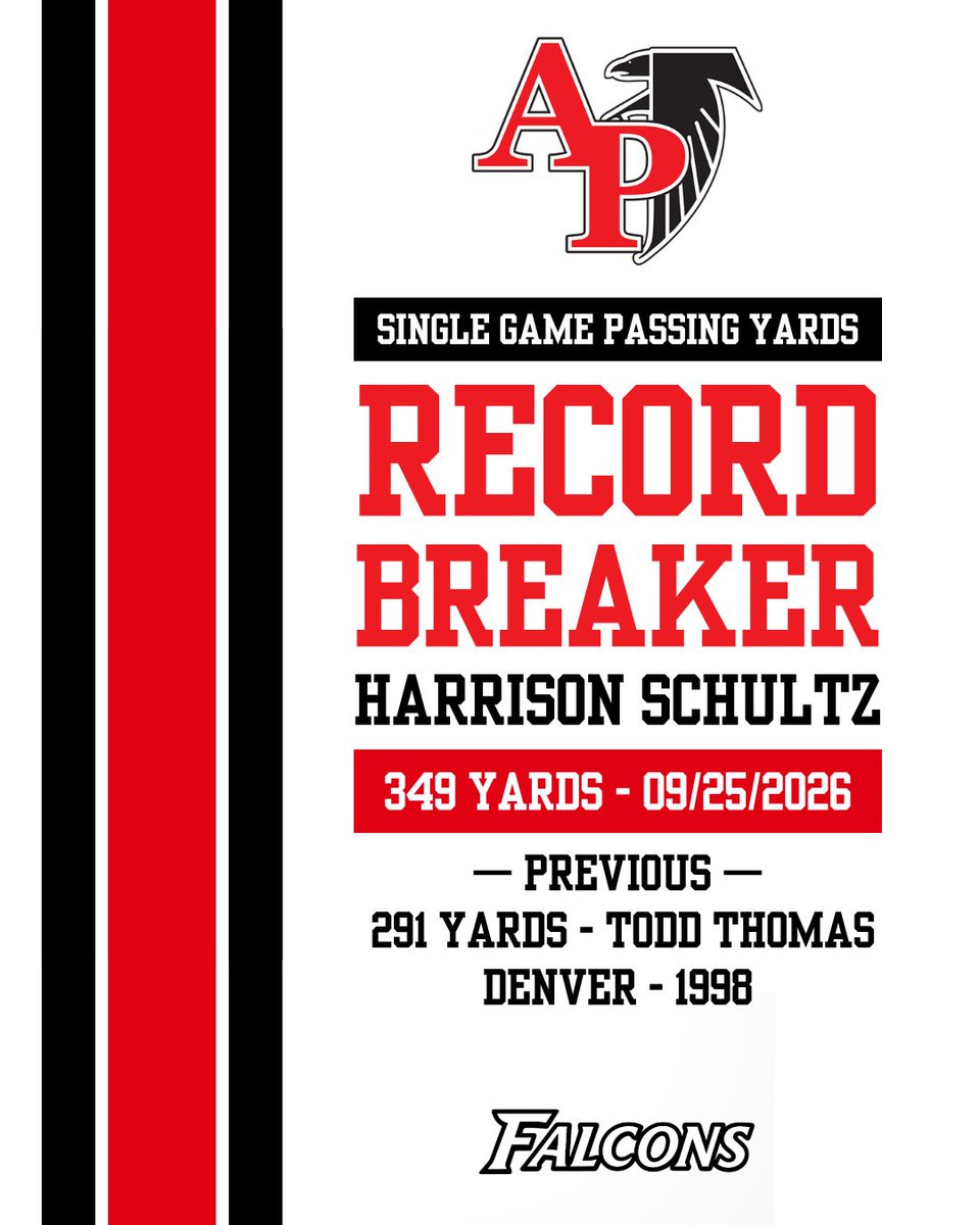APFalconFB's tweet photo. RECORD BOOK REWRITTEN. 📖🦅📈

Tate Pfantz — 182 receiving yards
Harrison Schultz — 349 passing yards

Two new A-P single-game records. Making history. 🏈

#RedPride | #1BodyManyParts https://t.co/G5FO1hFWIf