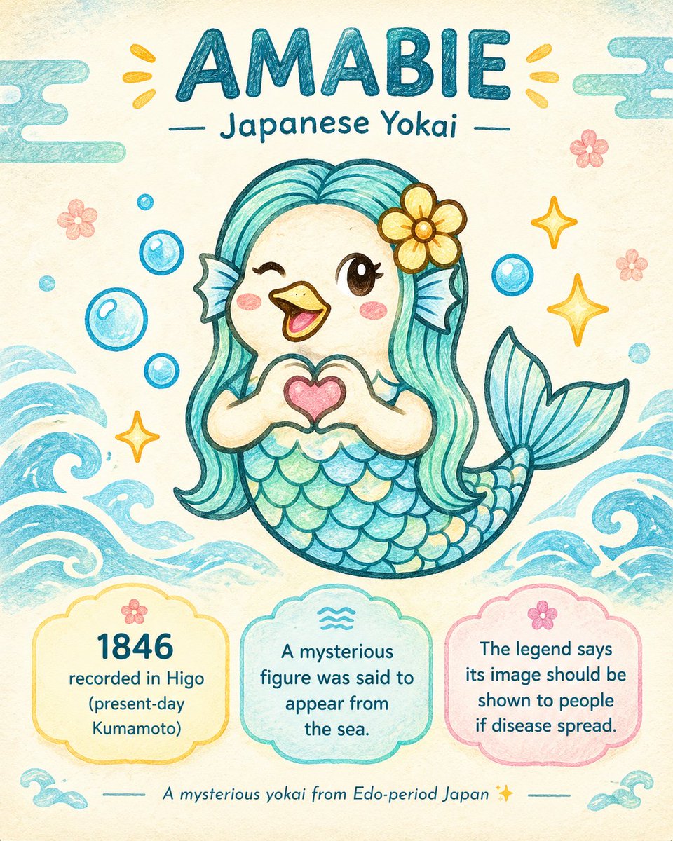 JapanYokaiColor's tweet photo. 🌊✨ Did you know this cute creature has been around since 1846?

Meet Amabie, a mysterious Japanese yokai from the Edo period.

Today, Amabie is one of Japan's most recognizable yokai. 🌸

🎨 What colors would you choose for Amabie?

#JapaneseYokai #JapaneseFolklore #Coloring https://t.co/3W6MjYIqjZ