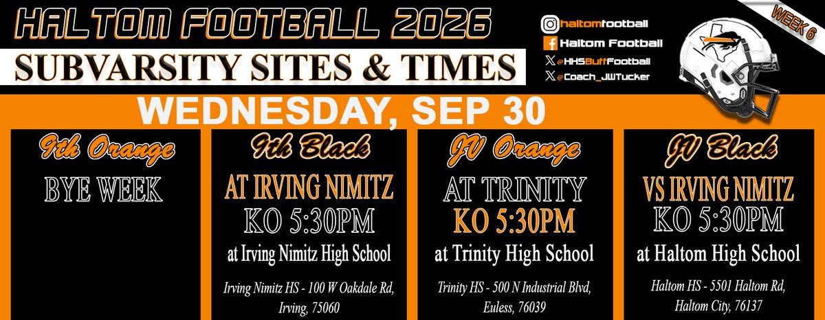 Coach_JWTucker's tweet photo. #HaltomFamily Football SubVarsity 
Week 6 - Sites and Times
(9th Grade Orange has a Bye this week) https://t.co/gvDpeINDkS
