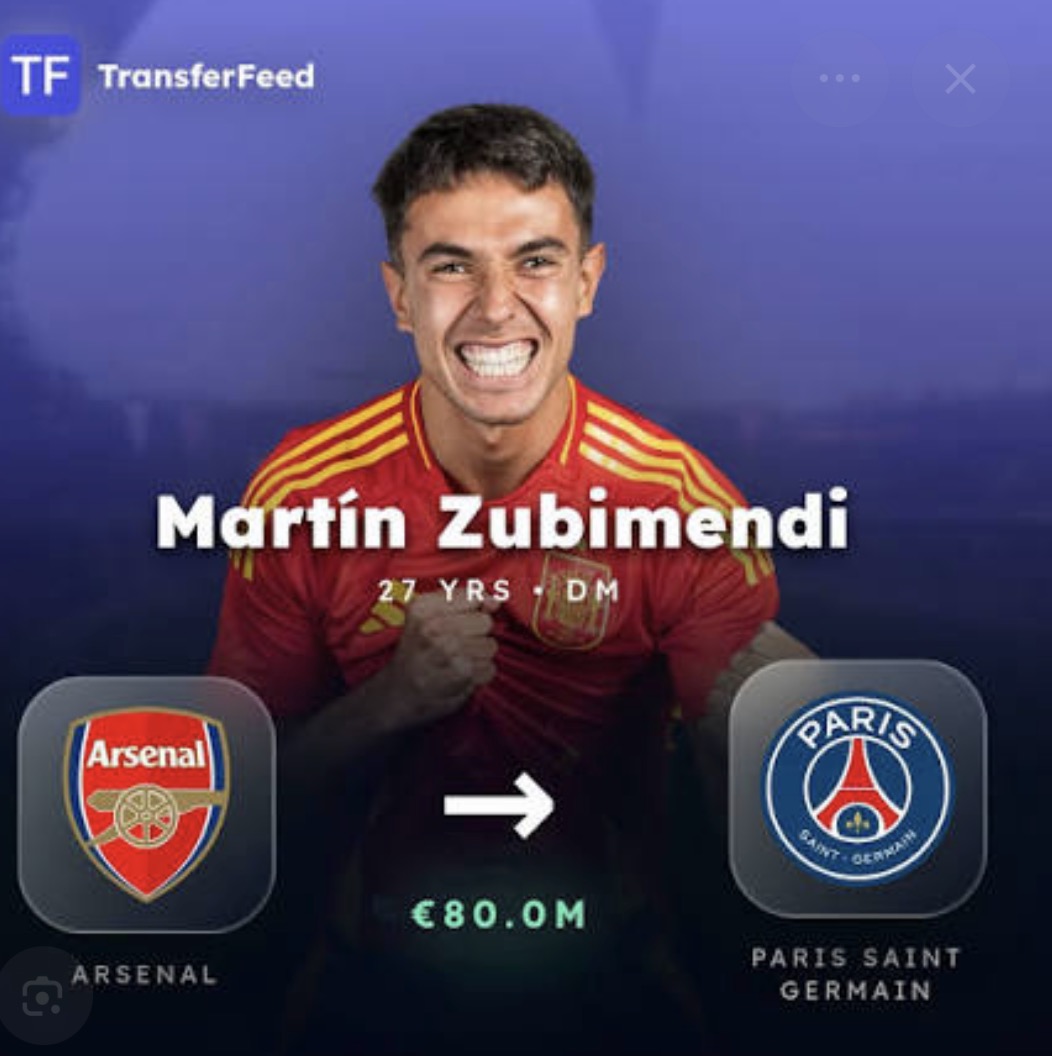 ArsenalNews_Hub's tweet photo. 🚨🔴⚪️ ZUBIMENDI’S ARSENAL FUTURE UNDER THE SPOTLIGHT

Martín Zubimendi’s situation at Arsenal is becoming one to watch, with Paris Saint-Germain now exploring the possibility of signing the Spain international.

Luis Enrique is understood to be a big admirer, while PSG have already made contact with Zubimendi’s camp to assess the player’s position.

Arsenal would reportedly be prepared to consider proposals around €80M — a figure that could make the situation particularly interesting.

Zubimendi had previously been linked with a possible move to Madrid, but PSG now appear to believe a deal could be achievable.

🔴⚪️ For Arsenal, the question is simple: would €80M be enough to consider letting a midfielder they signed leave so soon?

#AFC #Arsenal #Zubimendi #PSG #COYG