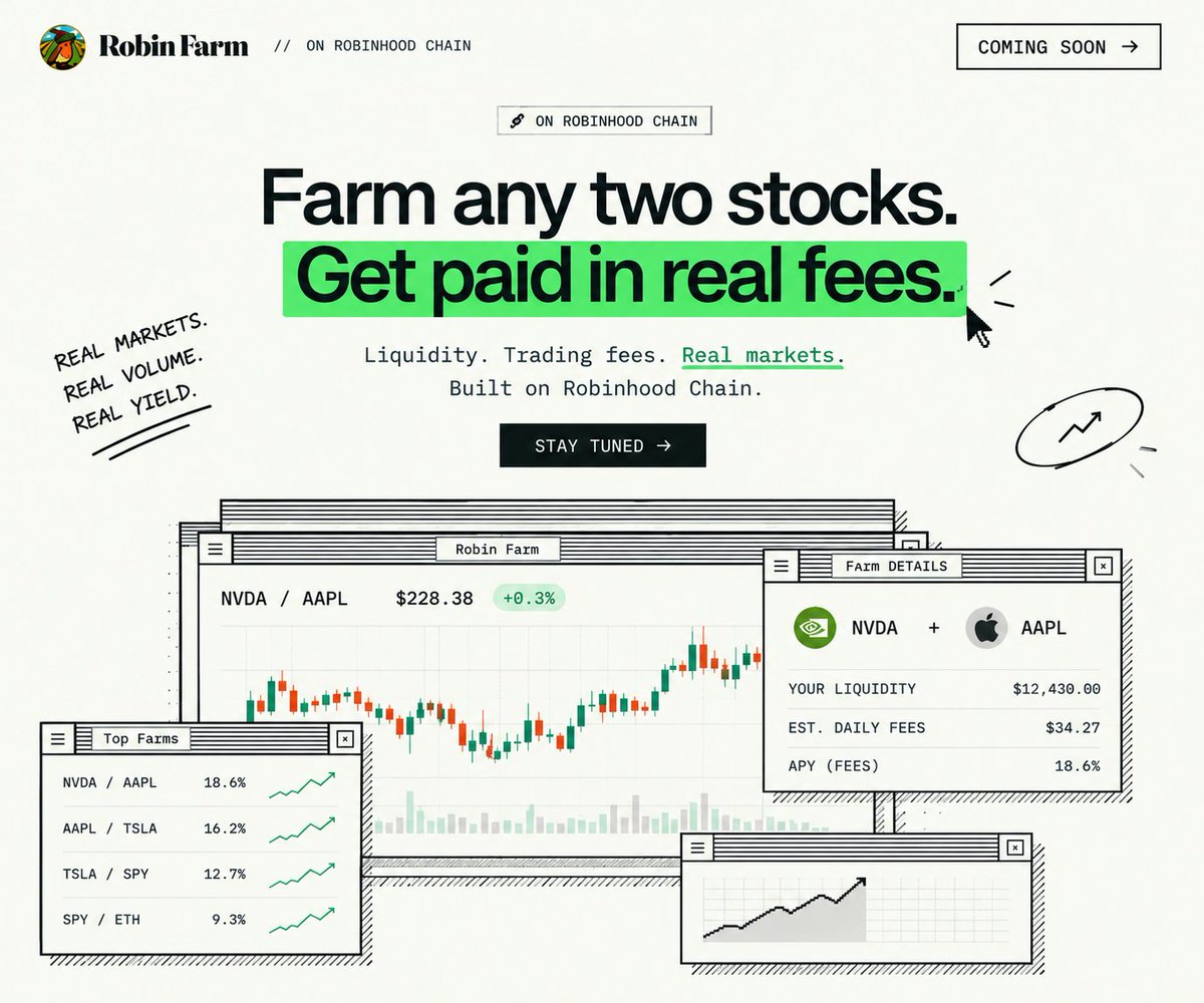 RobinFarmRbh's tweet photo. Farm stocks. Earn fees.
No fake yield. No endless emissions.
🏦 Built on Robinhood Chain. https://t.co/i8OcYBQfEv