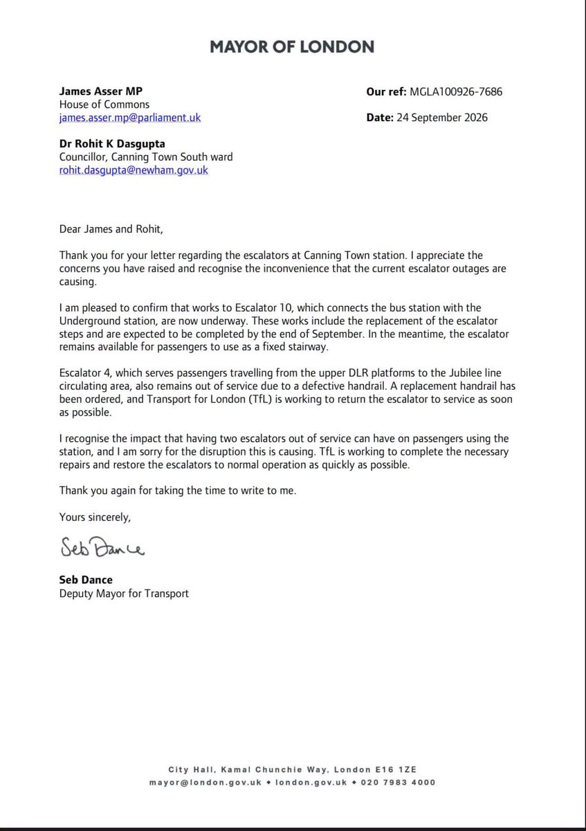 JamesAsser's tweet photo. Update on the Canning Town Station escalator after my joint letter with Cllr Rohit Dasgupta to Deputy London Mayor Seb Dance.

The good news is repairs have started on the main escalator between the tube station &amp; bus station. It should be working again by the end of the month. https://t.co/gKLxl1ts4B