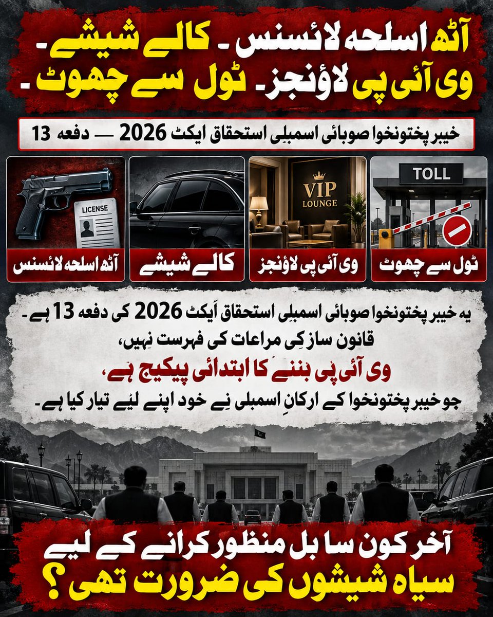 sabahatnoor169's tweet photo. خیبر پختونخوا استحقاق ایکٹ 2026 کے تحت:
آٹھ اسلحہ لائسنس۔ کالے شیشے۔ وی آئی پیز۔ ٹول سے چھوٹ۔
یہ مراعات کی فہرست نہیں، وی آئی پی بننے کا ابتدائی پیکیج ہے۔
آخر کون سا بل منظور کرانے کے لیے سیاہ شیشوں کی ضرورت تھی؟ #KPLaw https://t.co/Dd1asPhGrS