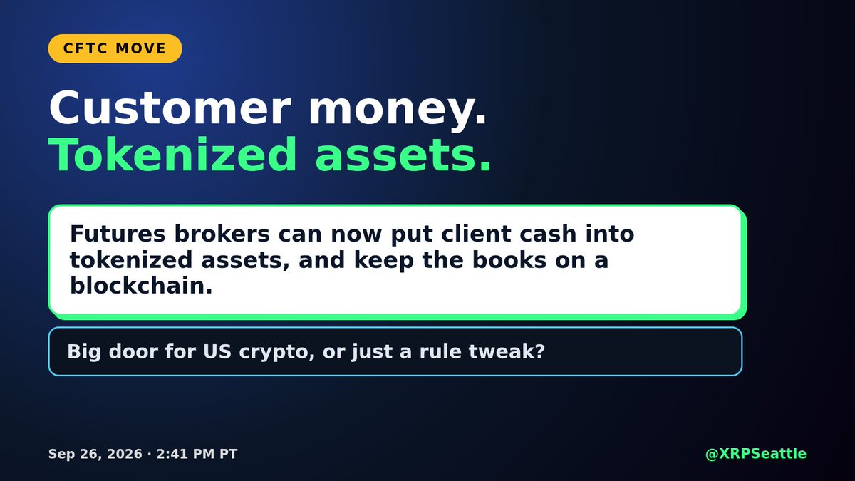 XRPSeattle's tweet photo. Futures brokers can now put customer money into tokenized assets.
And keep the books on a blockchain.
Big door for US crypto, or just a rule tweak? https://t.co/0MqQzX7LdU