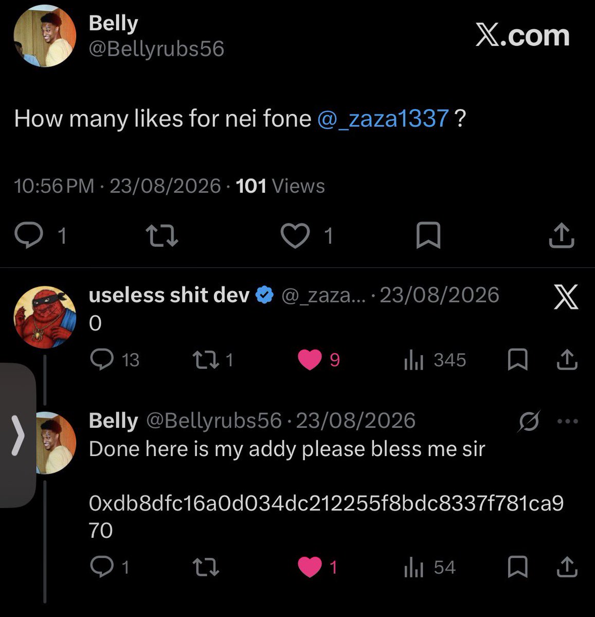 Bellyrubs56's tweet photo. i can remember the first time I asked @_zaza1337 for a new fone 

Over  a month ago, but I genuinely believed holy spoder is finally going to bless me with monies for a new fone

thank you 

0xdb8dfc16a0d034dc212255f8bdc8337f781ca970 https://t.co/QdS5IFi1n0
