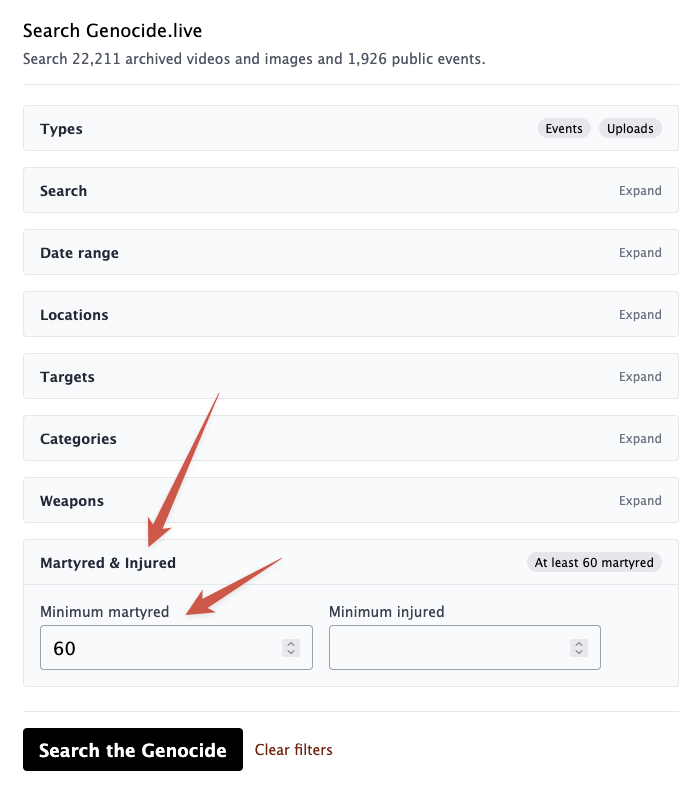 receipts_lol's tweet photo. This was painful to build: you may now search the @databases4pal archive by the number of people Israel massacred or maimed in a single event.

Important note: we only have a comprehensive archive of large massacres starting the 2nd half of Sep 2024. https://t.co/JEgahyV7Q5