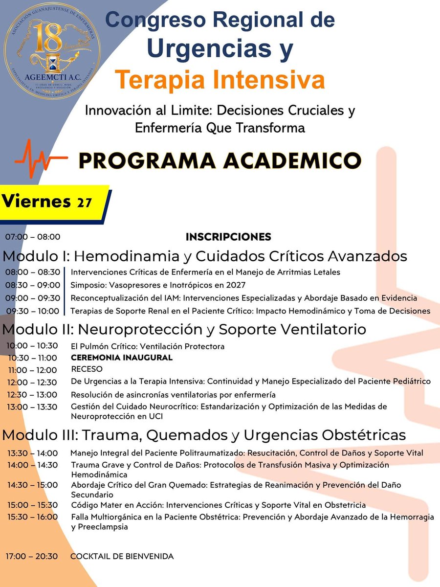 ageemcti_ac's tweet photo. Estimada comunidad de agremiados y amigos, presentando el programa de conferencias que estarán en en nuestro próximo congreso.
¡La inscripciones ya están abiertas!
🏥*Congreso Regional de Urgencias y Terapia Intensiva*

 🗓 Fecha: 27 y 28 de noviembre de 2026 https://t.co/D2UsW86tMS