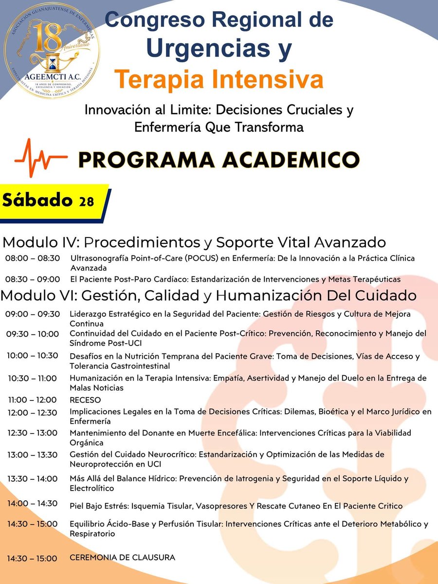 ageemcti_ac's tweet photo. Estimada comunidad de agremiados y amigos, presentando el programa de conferencias que estarán en en nuestro próximo congreso.
¡La inscripciones ya están abiertas!
🏥*Congreso Regional de Urgencias y Terapia Intensiva*

 🗓 Fecha: 27 y 28 de noviembre de 2026 https://t.co/D2UsW86tMS