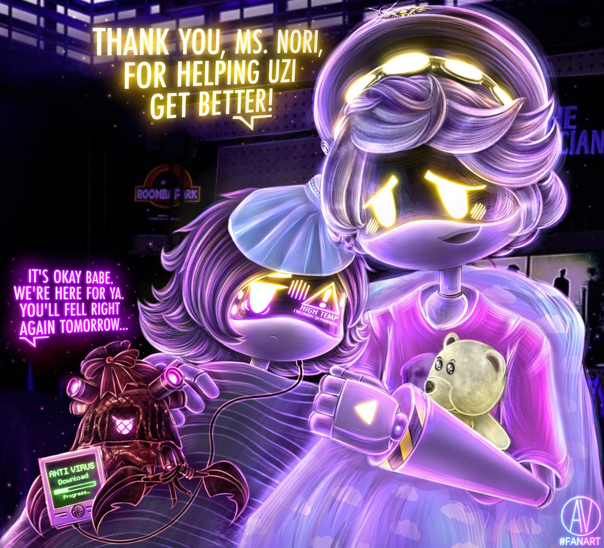 AVFANART's tweet photo. 𝗪𝗵𝗮𝘁 𝗶𝗳 𝗨𝘇𝗶 𝗴𝗼𝘁 𝘀𝗶𝗰𝗸? 🤒💜
Idea by @murasaki_ame_ :3
#Nuzi #SerialDesignationN #UziDoorman #NoriDoorman #murderdrones #murderdronesfanart https://t.co/B3Ui2Ipzmw