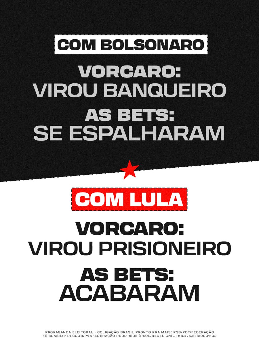 LulaOficial's tweet photo. Com Bolsonaro, Vorcaro virou banqueiro e as bets se espalharam. 

Com Lula, Vorcaro foi preso e as bets acabaram.

Do lado do povo, o Brasil está pronto pra mais. https://t.co/4vPAaPmRy4