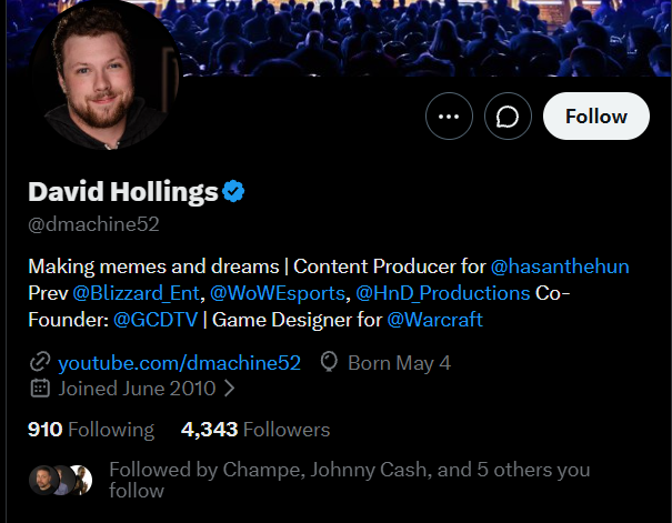 GigabearForever's tweet photo. Dude's next gig after leaving Blizzard was to go to work for Hasan Piker. 

I'm glad he put his activism where it belonged instead of in my favorite game.

Although attacking the giant whose shoulders you stood upon to even have a WoW to work on is a bit much. https://t.co/0kSIWbpQ0W