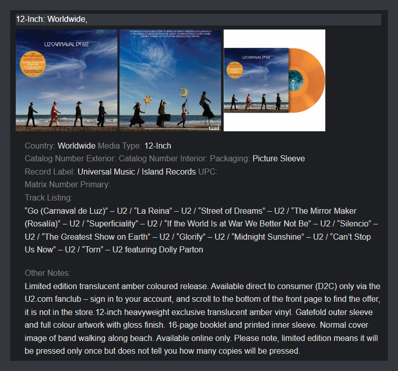 u2songs's tweet photo. "Carnaval de Luz" Discography Entry:
https://t.co/8rcFOG1AaH
Spending a bit of time cleaning up the information on the various releases. What they are, where to find them, catalog information, format info and more. (Will be adding in Japan and Digital this evening.) https://t.co/uFbQC2xdGm