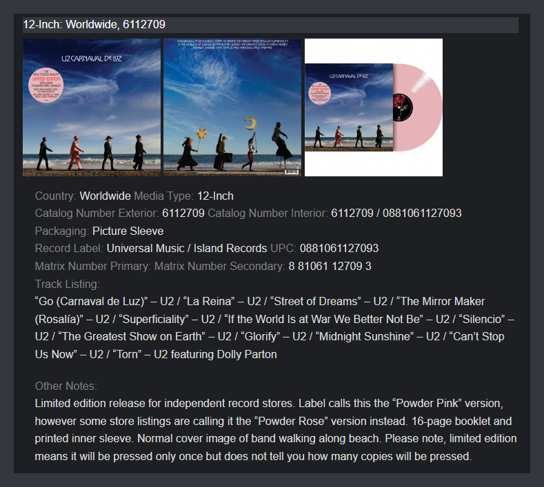u2songs's tweet photo. "Carnaval de Luz" Discography Entry:
https://t.co/8rcFOG1AaH
Spending a bit of time cleaning up the information on the various releases. What they are, where to find them, catalog information, format info and more. (Will be adding in Japan and Digital this evening.) https://t.co/uFbQC2xdGm