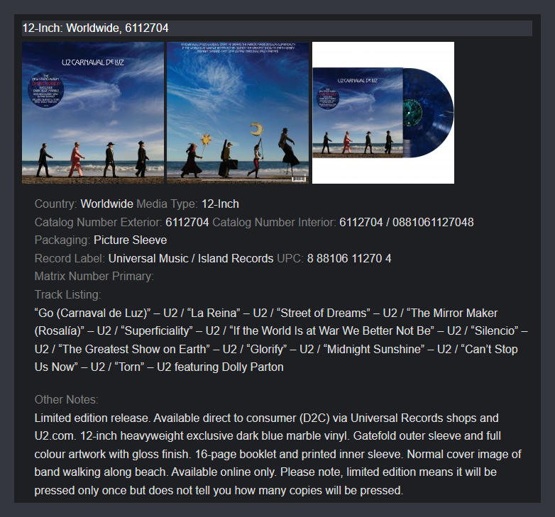 u2songs's tweet photo. "Carnaval de Luz" Discography Entry:
https://t.co/8rcFOG1AaH
Spending a bit of time cleaning up the information on the various releases. What they are, where to find them, catalog information, format info and more. (Will be adding in Japan and Digital this evening.) https://t.co/uFbQC2xdGm