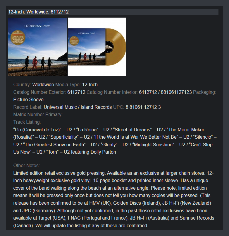 u2songs's tweet photo. "Carnaval de Luz" Discography Entry:
https://t.co/8rcFOG1AaH
Spending a bit of time cleaning up the information on the various releases. What they are, where to find them, catalog information, format info and more. (Will be adding in Japan and Digital this evening.) https://t.co/uFbQC2xdGm