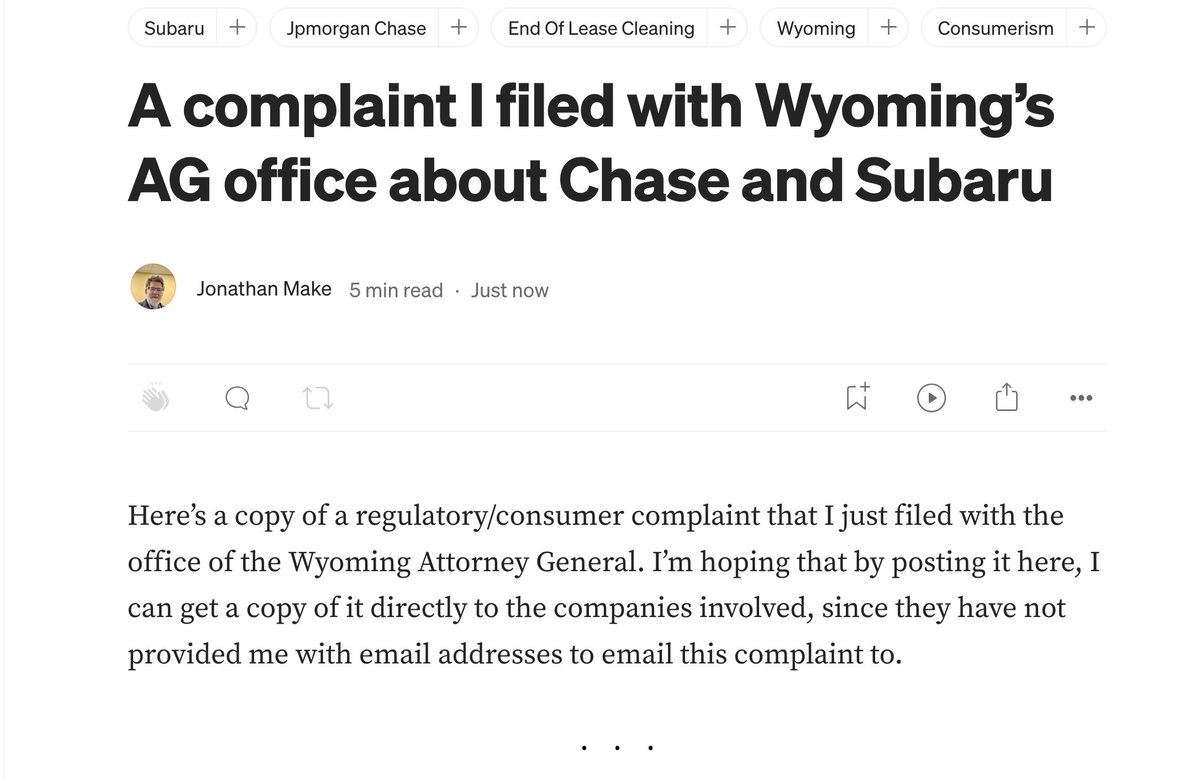 makejdm's tweet photo. hi @Chase and @subaru_usa -- how can I email you a copy of a complaint I just filed with the #Wyoming attorney general's office? I'm posting it here because I could find no way to provide it to you all directly. thanks! 1/2 https://t.co/PvebM7n1qO