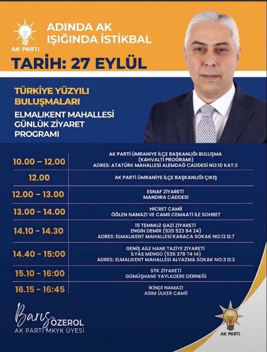 BarisOzerol's tweet photo. 📍 Ümraniye

Türkiye Yüzyılı Buluşmaları kapsamında Ümraniye’de gerçekleştireceğimiz ziyaret ve programlarımızla hemşehrilerimizle bir araya geleceğiz.

Cumhurbaşkanımız Sayın Recep Tayyip Erdoğan’ın selamlarını hemşehrilerimize ileteceğimiz programımızda, gönül köprülerimizi güçlendireceğiz. 

#TürkiyeYüzyılıBuluşmaları