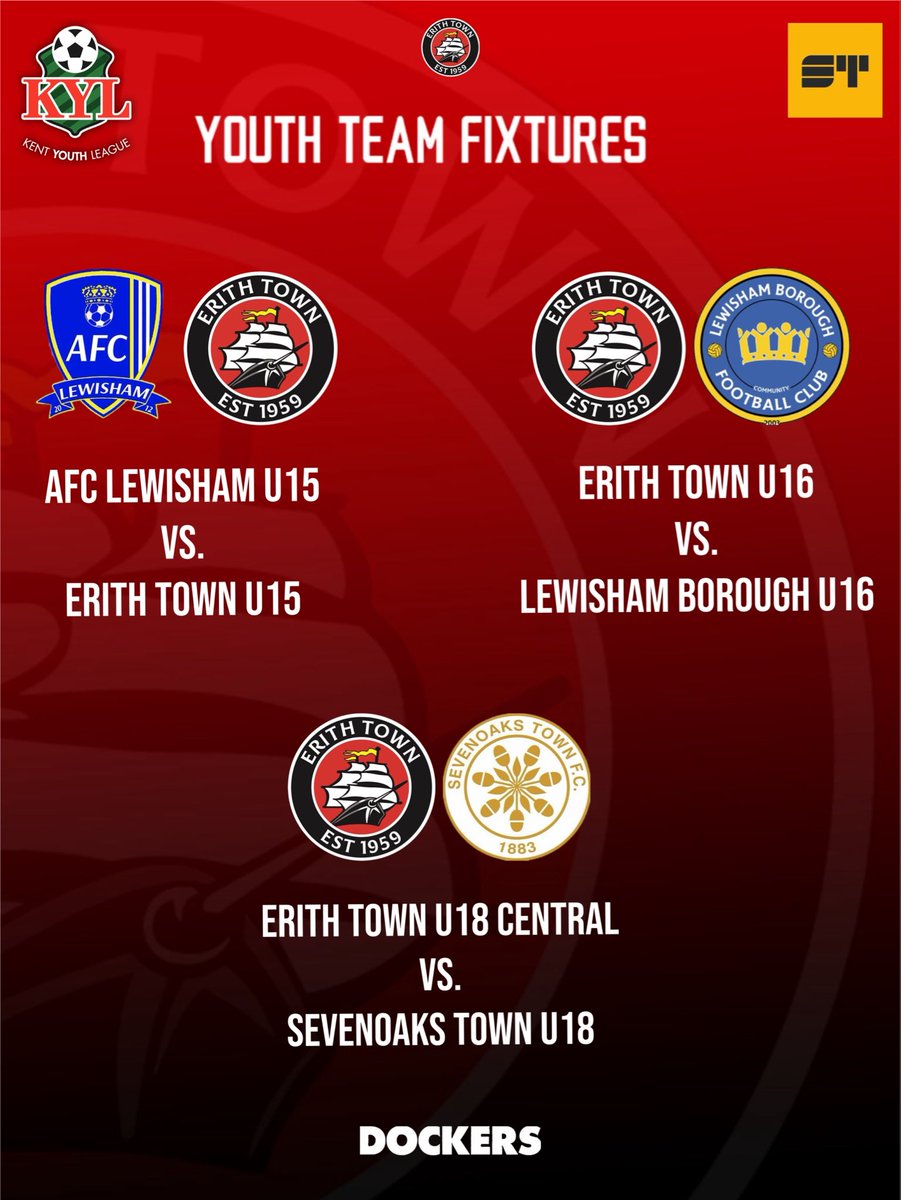 ErithTown's tweet photo. 🛣️ | #DockersPathway

All the very best to those on the #DockersPathway tomorrow in their @SelkentYFL and @KentYouthLeague games!

We can’t wait to follow your progress this season!

#UpTheDockers #DOCKERS https://t.co/mmxohuOJO0
