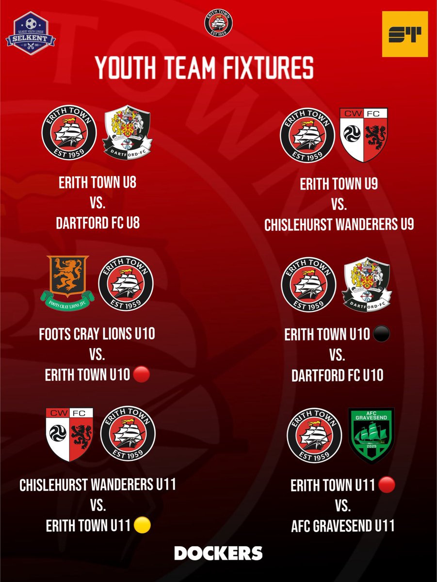 ErithTown's tweet photo. 🛣️ | #DockersPathway

All the very best to those on the #DockersPathway tomorrow in their @SelkentYFL and @KentYouthLeague games!

We can’t wait to follow your progress this season!

#UpTheDockers #DOCKERS https://t.co/mmxohuOJO0