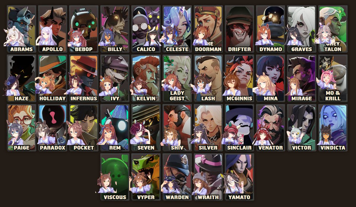 Hosses21's tweet photo. Got bored waiting for the patch so here's the Umamusume trainee I think would fit for each Deadlock hero https://t.co/Qft7Cb1wsS