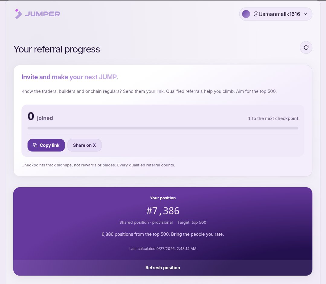 AlinaOnchainX's tweet photo. JUMPER TOP 500 — DON’T DO IT THE WRONG WAY 👀

Most people are jumping straight into Jumper and starting referrals.

I’d do it differently:

→ First, join Legion
→ Build your Legion score/activity
→ Then join the Jumper waitlist
→ Start referring people through Jumper

Referrals are important, but if you’re serious about pushing your position up, build your Legion score first and then use the Jumper referral system.

Legion 👇
https://t.co/nxwB2EUnSE

Jumper 👇
https://t.co/zDM9CjDA7b

Don’t just collect referrals.
Build your position strategically. 👀

#Jumper #Legion