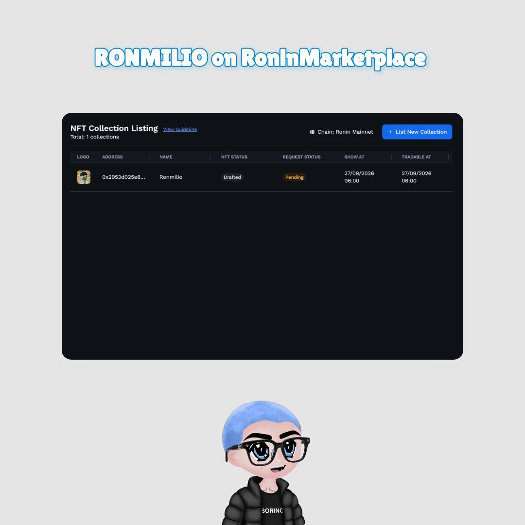 raiyanbtc's tweet photo. RONMILIO on RoninMarketplace.

I hope new version of ronmilio nft they will add as soon as possible, now it's pending.

dear @Jihoz_Axie , also i hope Ronin team remove the past version of "Ronmillio"

I telling that multiple time don't buy past version, buy new version ronmilio. https://t.co/VMcQJC2ulh