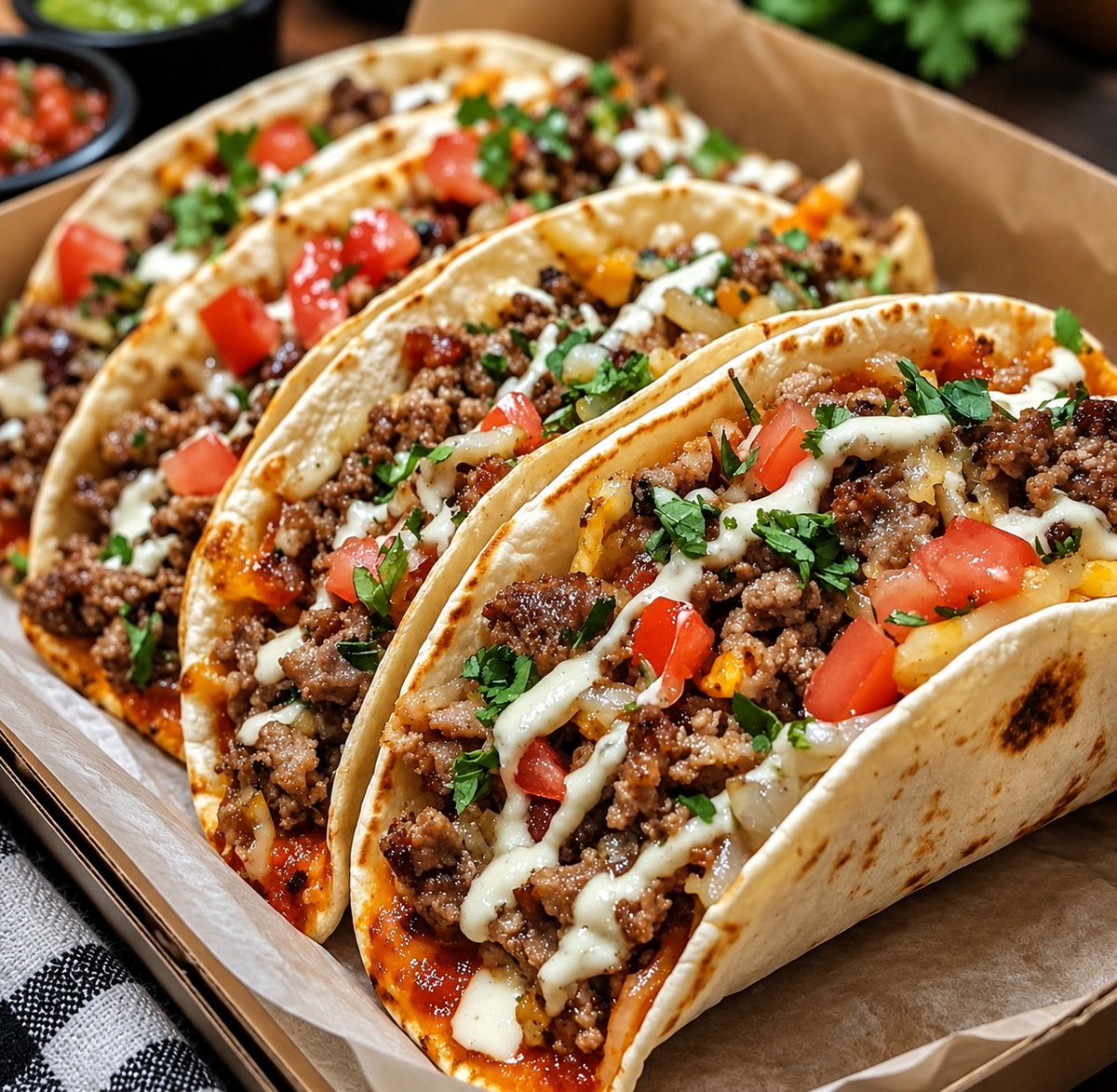 _FoodieX's tweet photo. If these loaded tacos landed on your table, how many would you eat? 🌮🔥😋 https://t.co/jExir2nTjs