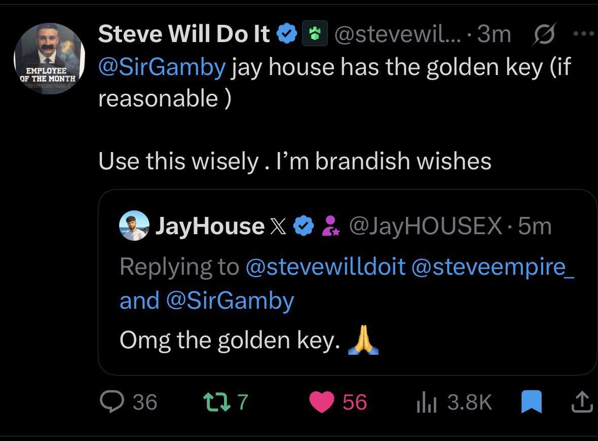 JayHOUSEX's tweet photo. @adukes @stevewilldoit @SirGamby the others were granted their wishes but not me bros. Steve gave me the golden key 🔑 😞 https://t.co/Q0oaBbrWVd