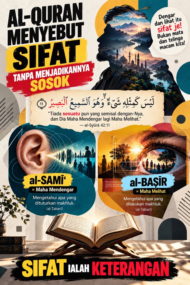 Fatan_1727's tweet photo. AL-QURAN MENYEBUT SIFAT

لَيْسَ كَمِثْلِهِ شَيْءٌ ۖ وَهُوَ السَّمِيعُ الْبَصِيرُ
“Tiada sesuatu pun yang semisal dengan-Nya, dan Dia Maha Mendengar lagi Maha Melihat.”
 al-Syūrā 42:11

Mendengar ≠ telinga.

Melihat ≠ mata.

SIFAT=KETERANGAN.

Jangan jadikan sifat sebagai sosok. https://t.co/KKoUbM8UxP