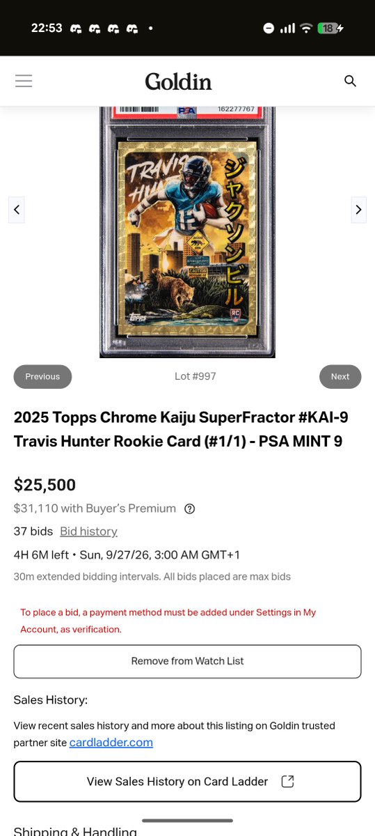 LukeOwe36462589's tweet photo. 🚨 4 HOURS LEFT 🚨 Travis Hunter 2025 Topps Chrome Kaiju 1/1 SUPERFRACTOR. Live on @GoldinAuctions.
@Topps @FanaticsCollect @Fanatics @BlowoutBuzz @130point
#TravisHunter #Superfractor #1of1 #ToppsChrome #Kaiju #PSA9 #GoldinAuctions #SportsCards #HobbyTwitter #NFLDraft #WhoDat https://t.co/Y0IaWhRD91