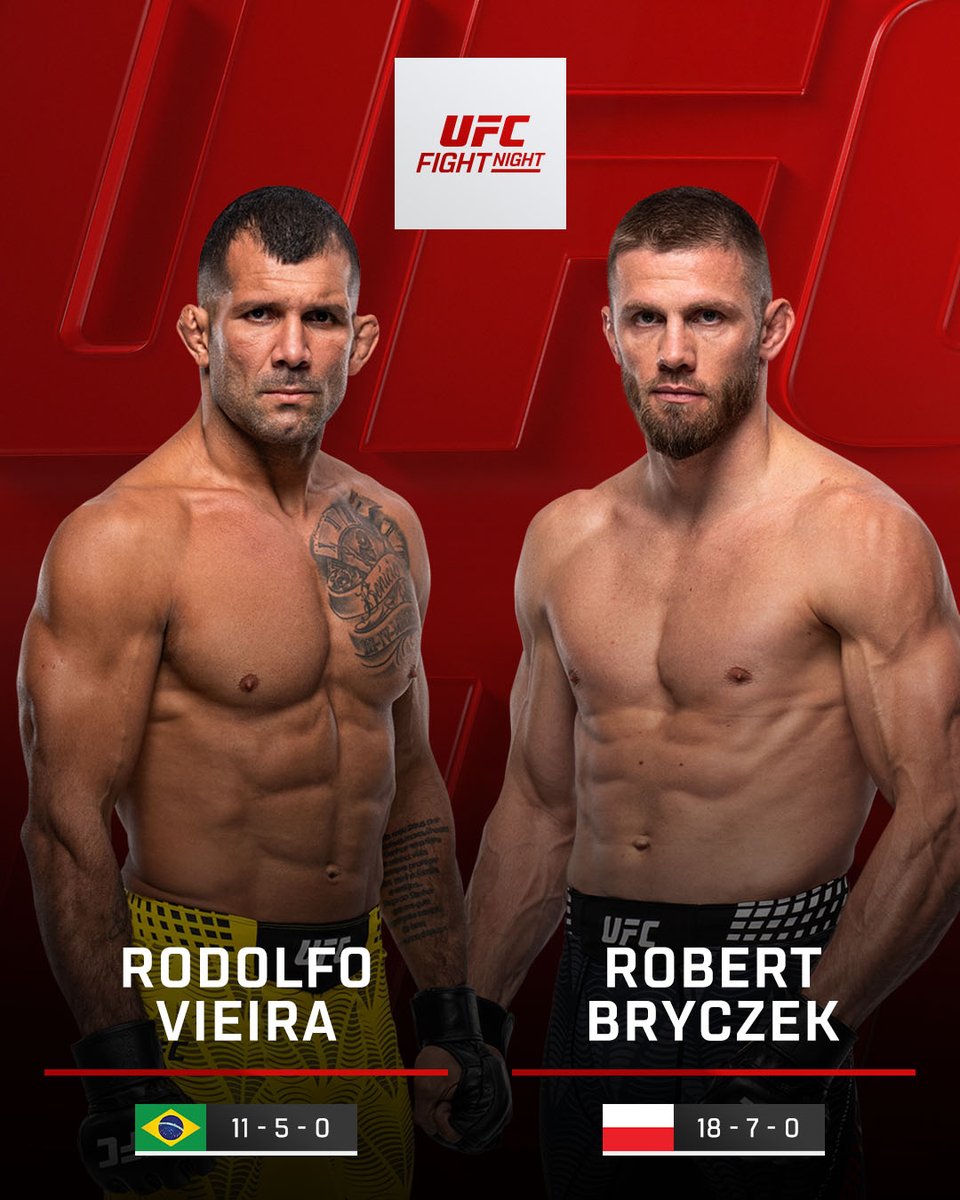 Coming up next 💪

Rodolfo Vieira vs  @​robert_bryczek 

[ #UFCVegas121 LIVE NOW on @​ParamountPlus ] 
 [📷](https://pbs.twimg.com/media/HTLKc2vbkAAaWC1.jpg) ht