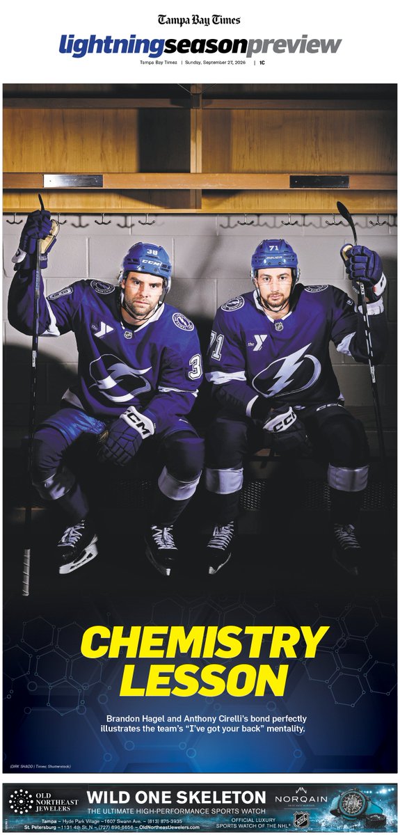 EddieInTheYard's tweet photo. Check out our #GoBolts season preview special in tomorrow's @TB_Times print edition, featuring Brandon Hagel and Anthony Cirelli on the cover. Inside, we take a look at how the #TBLightning added toughness to their DNA and why it matters so much in their fight for another Cup. https://t.co/hL49Z8gfQd