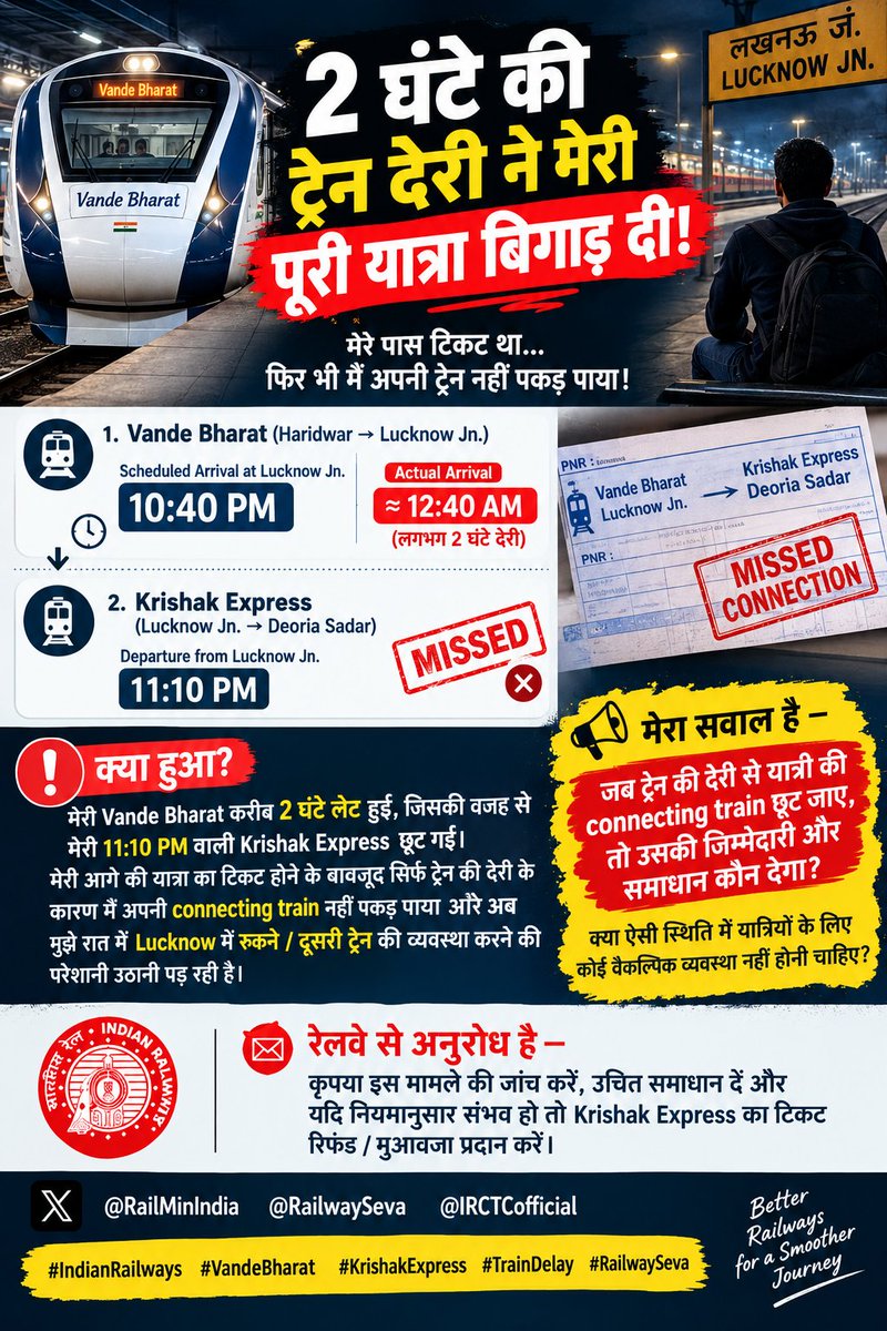 kayum596's tweet photo. 2 घंटे की ट्रेन देरी ने मेरी पूरी यात्रा बिगाड़ दी दूसरी ट्रेन की व्यवस्था करने की परेशानी उठानी पड़ रही है।@RailMinIndia @RailwaySeva @IRCTCofficial कृपया इस मामले को देखें और उचित समाधान दें। https://t.co/uTfSO6nZvJ