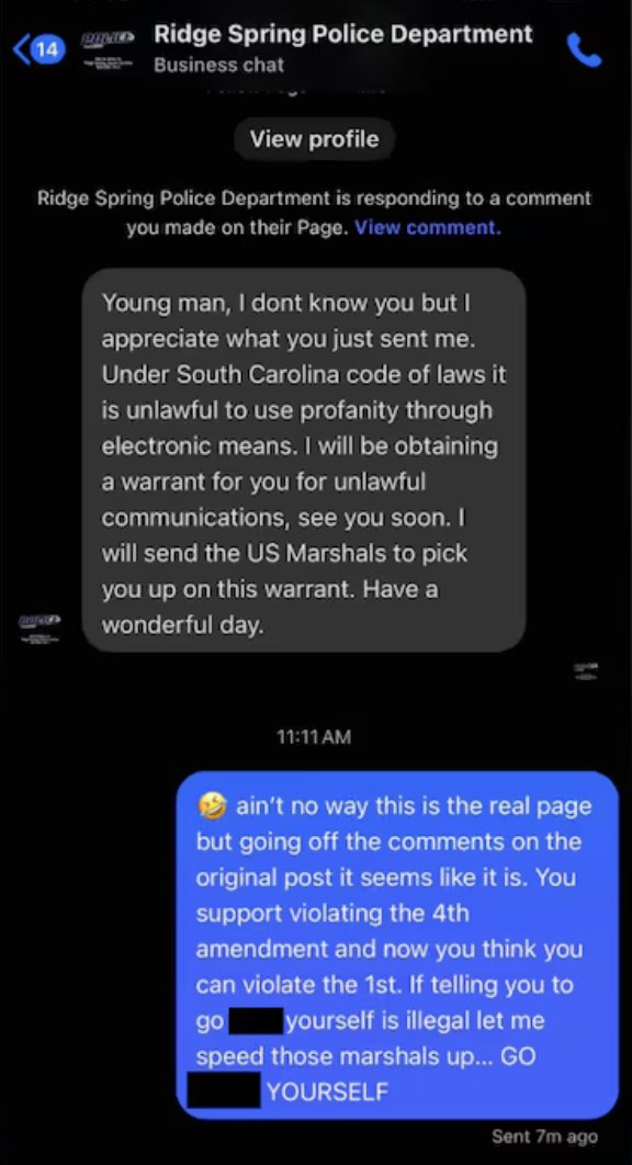 rawsalerts's tweet photo. 🚨 #BREAKING: Police Chief Terry Logan of Ridge Spring Police Department threatens to send the US Marshals to arrest a citizen for saying "f*ck you and your Flock cameras" https://t.co/FvHydprCcB