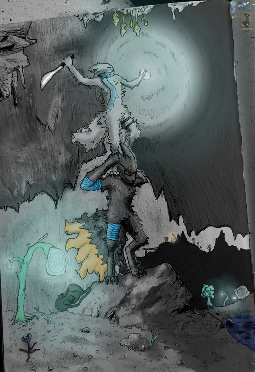 Eaglist1's tweet photo. A helping hand.

Inspired by @sirdoomwolf.bsky.social's comic starring Scarf the #milky and Doc the #expie.

#art #fanart #furry #furryart #casualtiesunknown #scavprototype #sawian https://t.co/3tDxBJCLxa